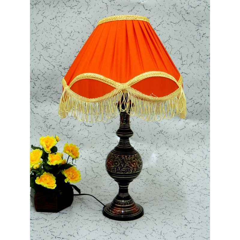 Tucasa Antique Brass Carving Table Lamp with Orange Lace Shade, LG-847