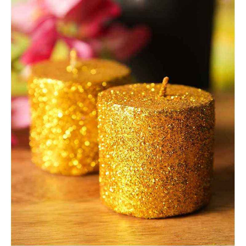 Riflection Golden Big Decorative Small Pillar Shaped Sparkle Candle, 1268 (Pack of 2)