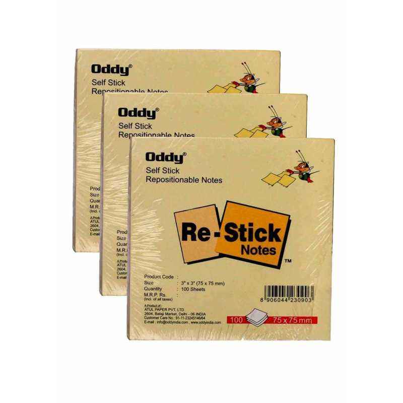 Oddy 3x3 inch Yellow Re-Stick Paper Notes, RS 3x3 (Pack of 100)