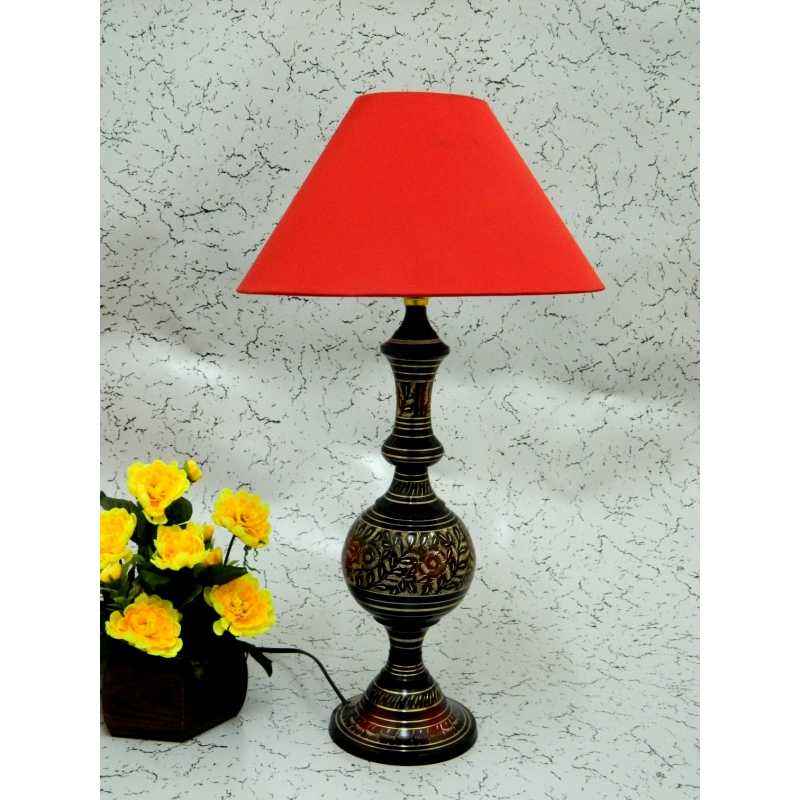 Tucasa Antique Brass Carving Table Lamp with Red Conical Shade, LG-859