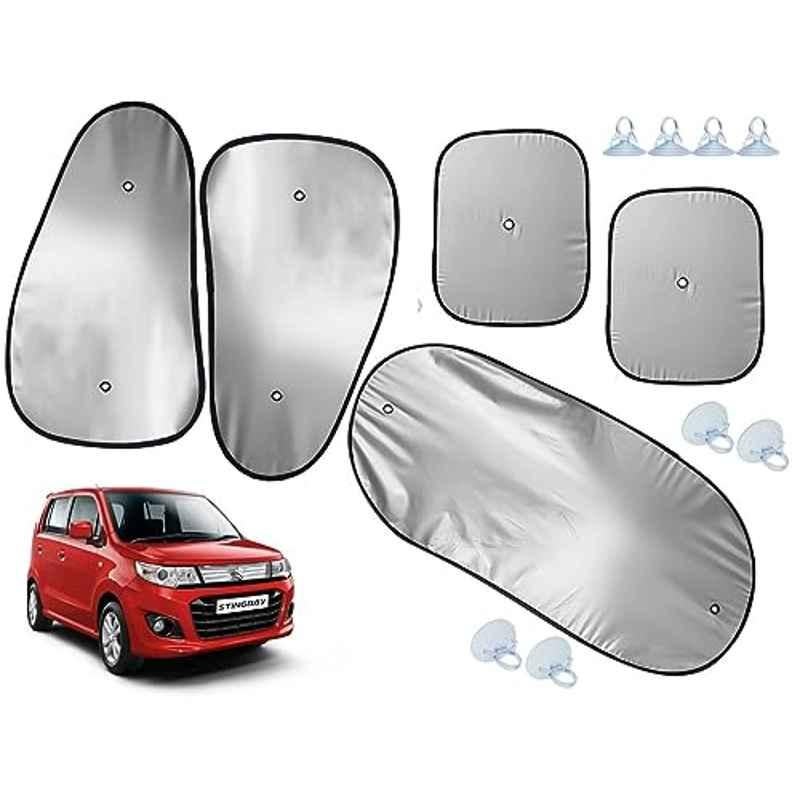 Auto Pearl 5 Pcs Polyester Black & Silver Window & Rear Sun Shade Set for Maruti Suzuki WagonR Stingray 2013-2017