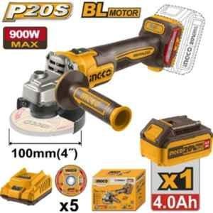 Ingco 8 Pcs 100mm 20V 9000rpm Yellow & Black Cordless Angle Grinder with Battery, Charger & 5 Pcs Cutting Disc, CAGLI261021
