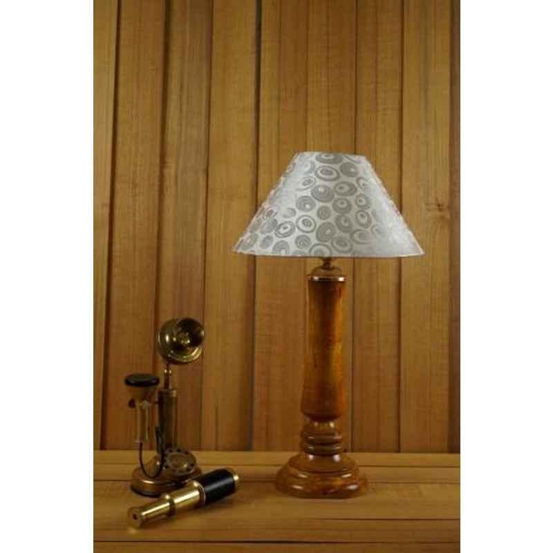 Tucasa Mango Wood Tan Table Lamp with 10 inch Polycotton White Silver Pyramid Shade, WL-195