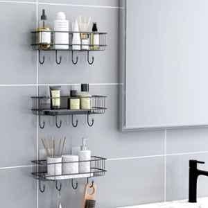 Plantex GI Steel Drill Free Bathroom Self Adhesive Shelf for Kitchen with Hooks & Magic Sticker (Pack of 3)