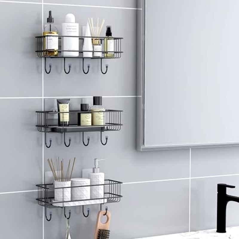 Plantex GI Steel Drill Free Bathroom Self Adhesive Shelf for Kitchen with Hooks & Magic Sticker (Pack of 3)