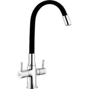 Cliquin Florentine Brass Chrome Deck Mounted Flexible Neck Center Hole Mixer Tap with Dual Handle, Black Soft Spout & 360 deg Swivel