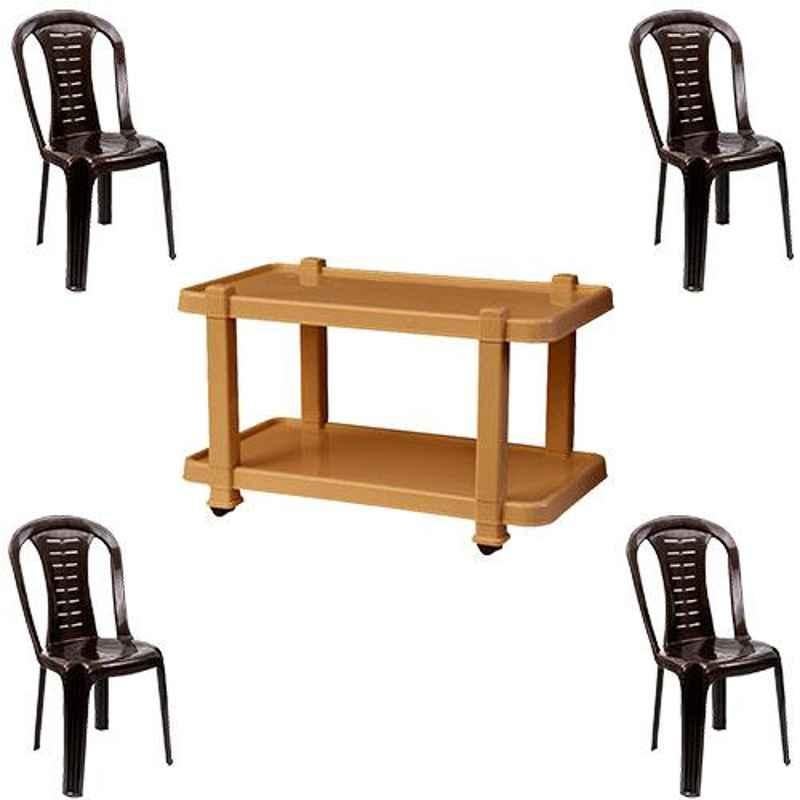 Italica 4 Pcs Polypropylene Nut Brown Without Arm Chair & Marble Beige Table with Wheels Set, 9312-4/9509