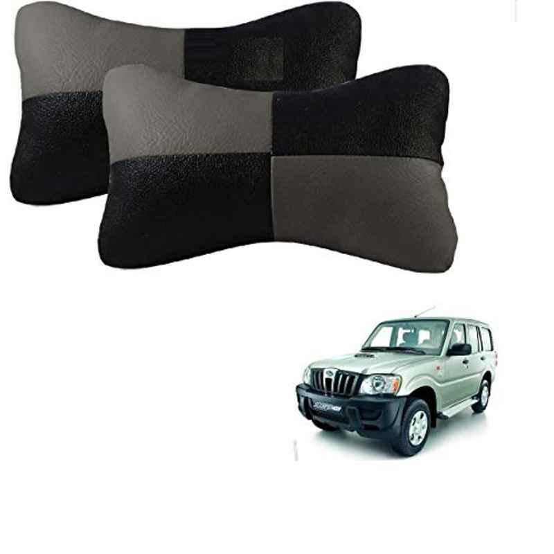 Kozdiko 2 Pcs Leather Grey & Black Neck Rest Car Cushion Pillow Set for Mahindra Old Scorpio