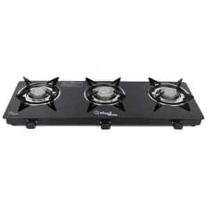 Sigri-Wala Plain Sleek 3 Burner Toughened Glass Black Manual Gas Stove