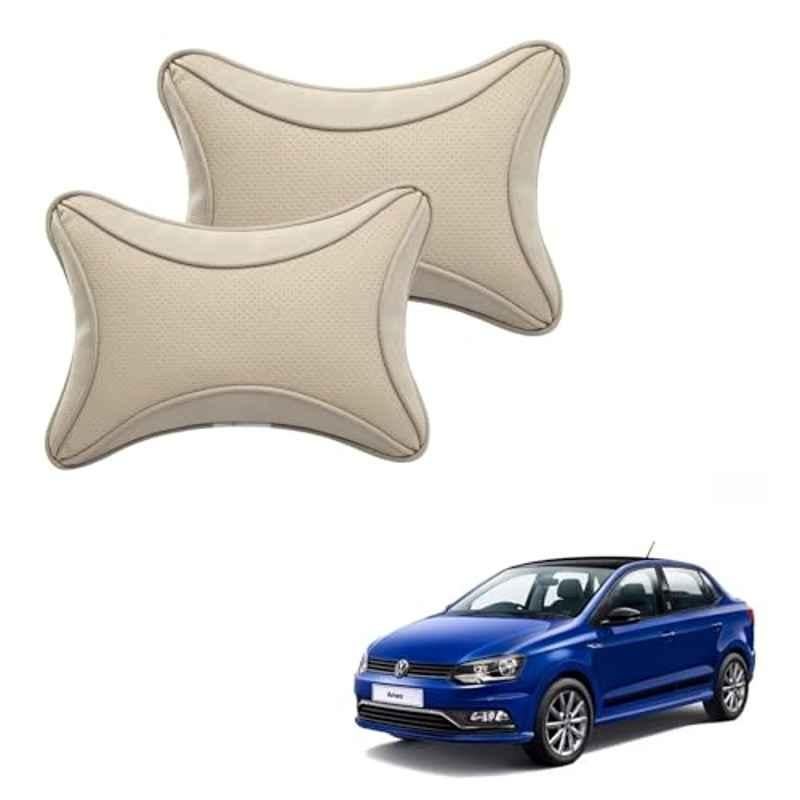 Kozdiko 2 Pcs Memory Foam & Polyester Beige Dots Car Neck Rest Pillow Set for Volkswagen Ameo, XNVJVHGJFH23