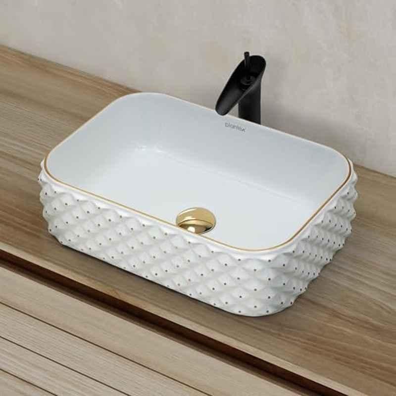 Plantex 19x13x5 inch Ceramic White & Gold Tabletop Wash Basin for Bathroom, APS-295