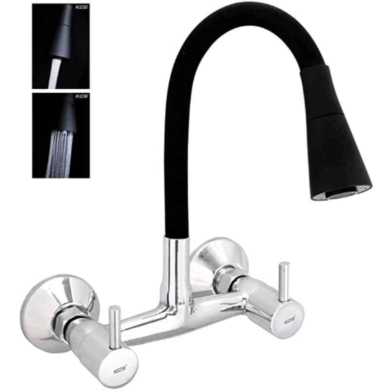 KCS FL-SMBDF Flora Brass Chrome & Matt Black Finish Kitchen Dual Flow Sink Mixer Hot & Cold Water Tap with Flexible Silicone Swivel Spout