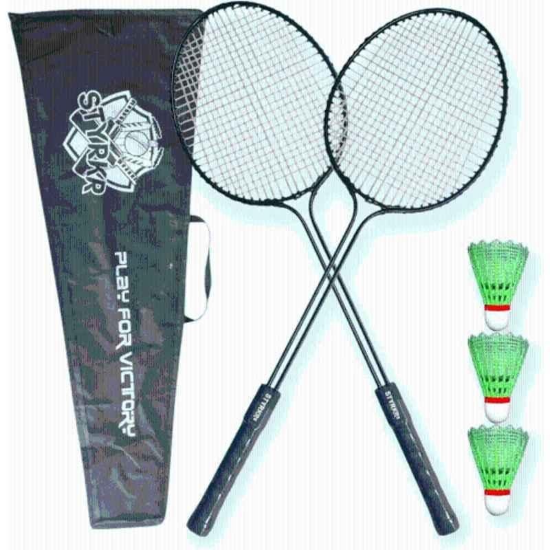 STYRKR Multicolour 2 Double Shaft Racquet + 3 Feather Shuttle + 2 Racquet Cover Badminton Kit