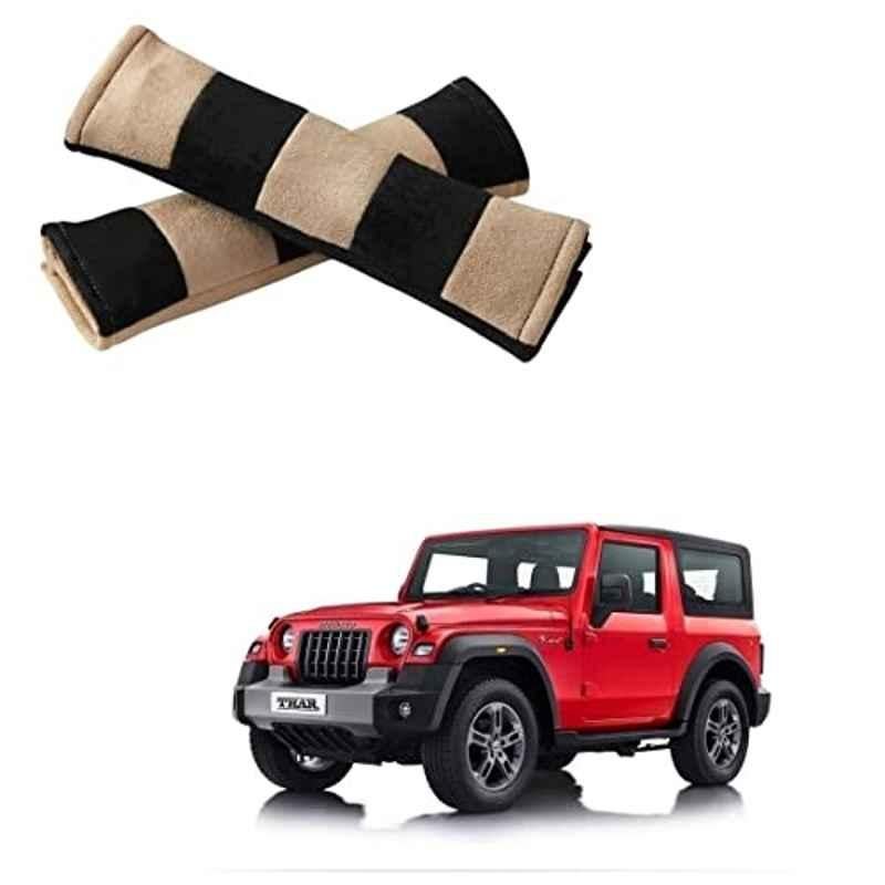 Kozdiko 2 Pcs Beige & Black Car Seat Belt Cushion Set for Mahindra Thar 2021
