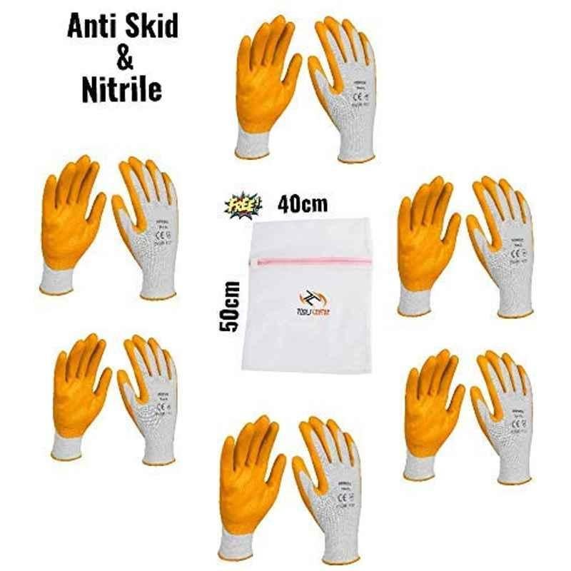 Krost Nitrile Anti-Skid Safety Work Gloves With Laundry Bag, Orange, Pack Of 6