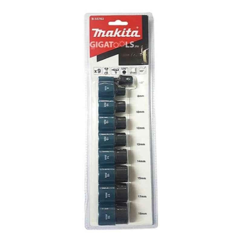 Makita 9 Pcs 18mm Black & Blue Impact Socket Adaptor Set, B-55762