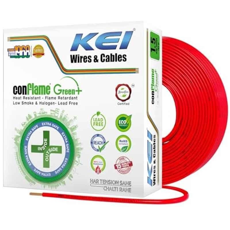 KEI Conflame Green Plus 1.5Sqmm Red PVC Insulated 99.97% Copper FRLSH House Wire for Domestic & Industrial Electrical Wiring, Length: 180 m