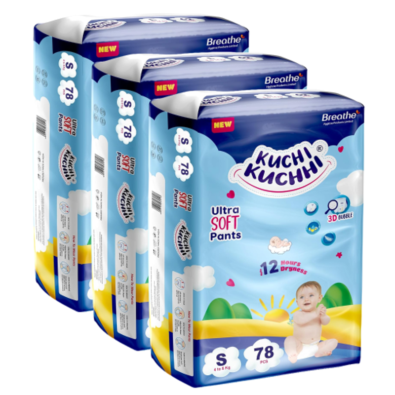 Kuchi Kuchhi 78 Pcs 4-8kg White Small Ultra Soft Baby Diaper Pant with 3D Bubble Top, KKS78X3 (Pack of 3)