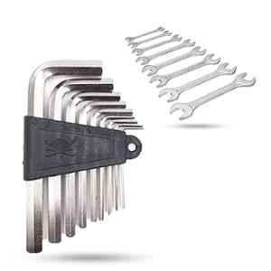 Hillgrove 9 Pcs Alloy Steel Full Hex Allen Key & 8 Pcs Double Open End Wrench Spanner Set, HGCM856