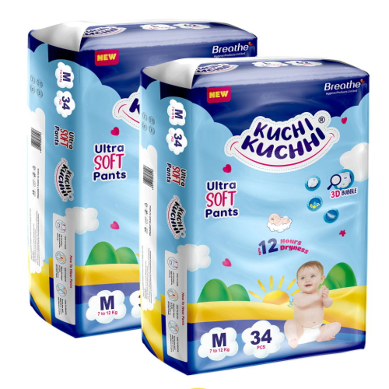 Kuchi Kuchhi Baby Diaper Pants, Medium (7-12kg), Pack of 2 (68 Pcs), 3D Bubble Top Ultra Soft Unisex Leakproof Diapers, KKM34X2