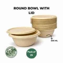 Eco Aaroyaa 500ml Bagasse Round Serving Bowl with Lid (Pack of 25)