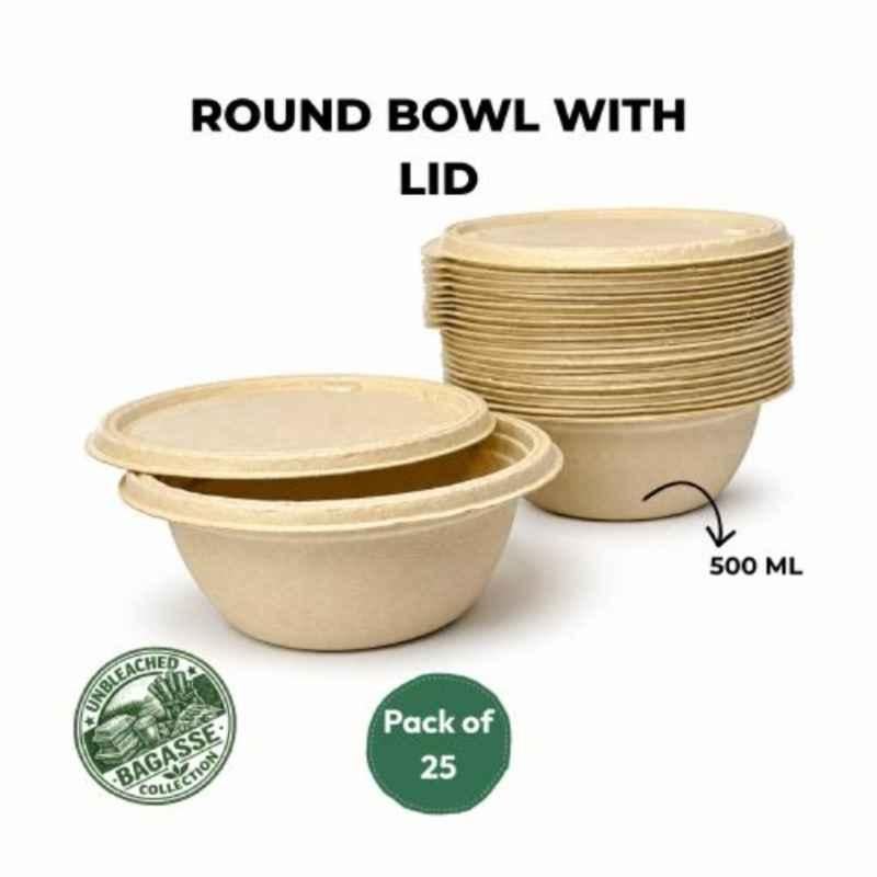 Eco Aaroyaa 500ml Bagasse Round Serving Bowl with Lid (Pack of 25)