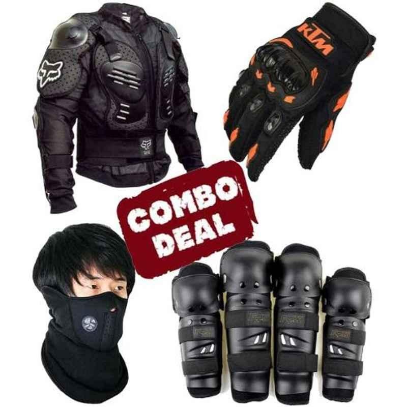 Love4ride Neoprene Mask, Fox Body Armour, Fox Elbow Knee Guard & Ktm Bike Gloves Combo for Biker