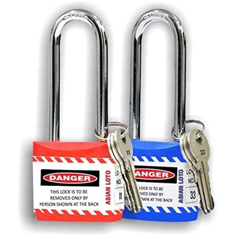 Asian Loto 2 Pcs 65mm Red & Blue Long Shackle Jacket Padlocks Set for Safety, ALC-LPL-RB