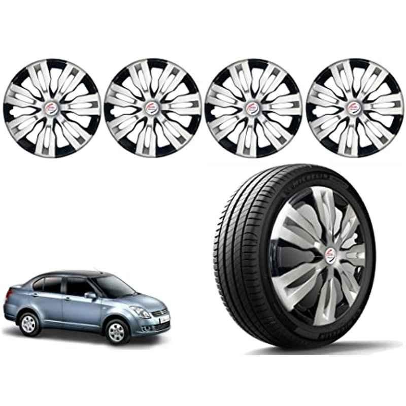Auto Pearl 4 Pcs 14 inch Polypropylene Silver & Black Press Type Car Wheel Cover Set with Retention Ring for Maruti Suzuki Swift Dzire Type 1 2008-2011, 14WC_Dzire2017_DC_DzireType1_2008_11