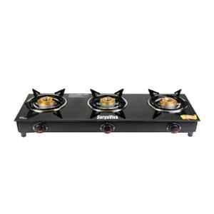 Suryaviva Photon X 3 Burner Cast Iron Toughened Glass Top Gas Stove, SVP03