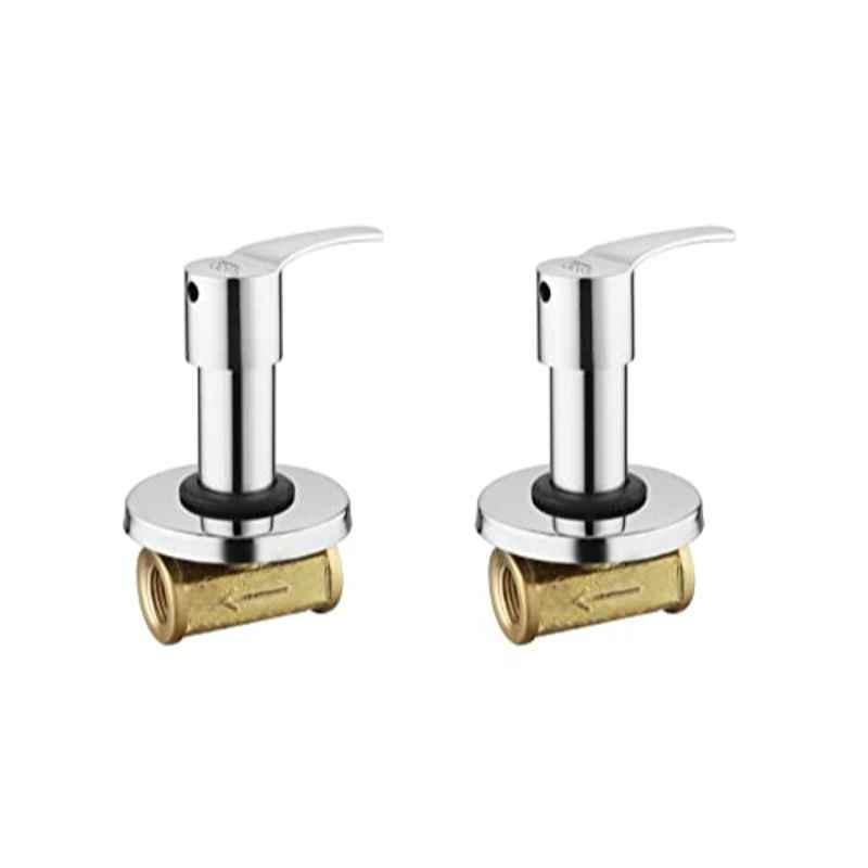 Spazio Topaz 1/2 inch Brass Silver Chrome Finish Concealed Stop Cock with Brass Quarter Turn Fitting & Concealed Flange (Pack of 2)