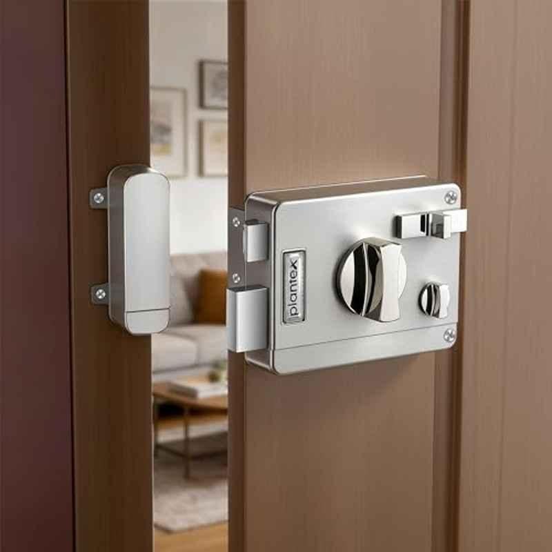 Plantex Heavy Duty Night Latch Door Lock with Key & Knob for Main Door/Twin bolt Lock for Home, Hotel, Office/Deadbolt Lock with 5-Years Warranty Satin White & Chrome