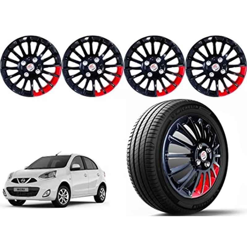 Auto Pearl 4 Pcs 14 inch Polypropylene Black & Red Press Type Car Wheel Cover Set with Retention Ring for Nissan Micra XE