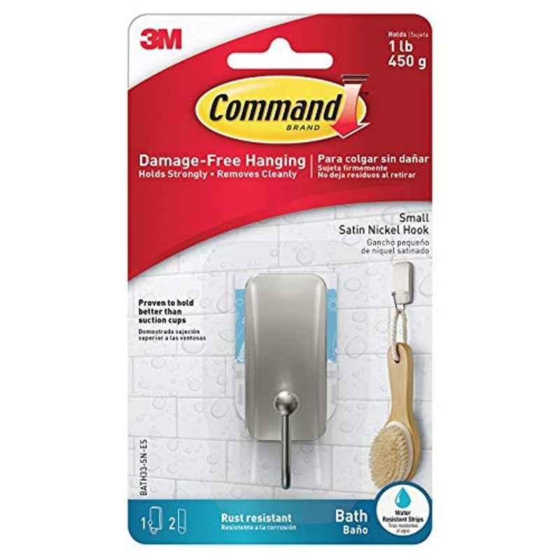 Command BATH33-SN-ES Plastic Satin Nickle Bath Hook, Size: Small