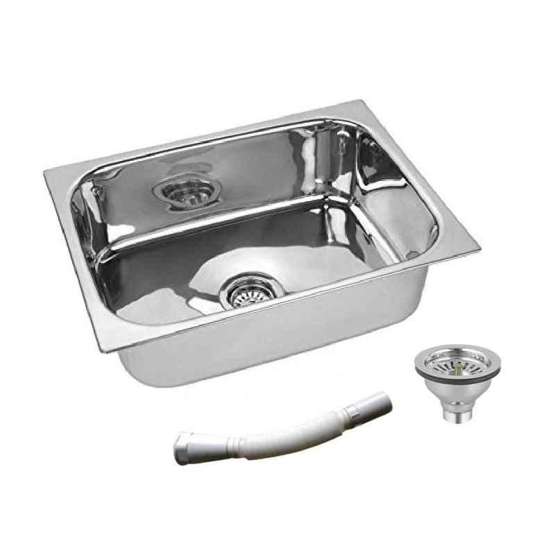 Jindal 20x17x8 inch Stainless Steel Glossy Silver Single Bowl Kitchen Sink with Coupling & PVC Waste Pipe