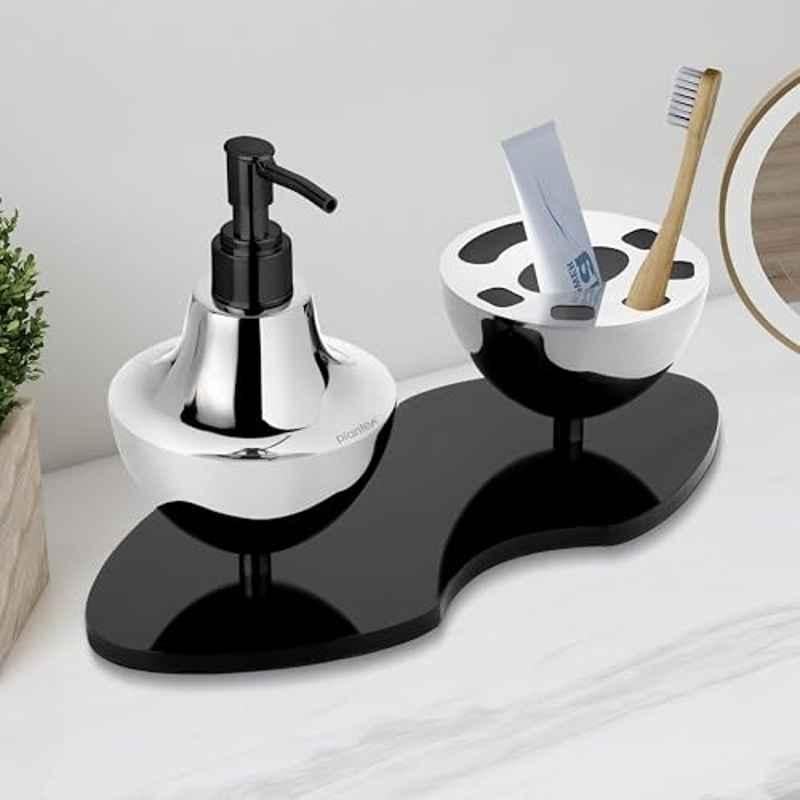 Plantex Liquid Soap Dispenser with Tumbler Holder for Bathroom/Stainless Steel and Acrylic 2 4-in-1 Shampoo Dispenser with Toothpaste Holder/Bathroom Accessories Chrome & Black