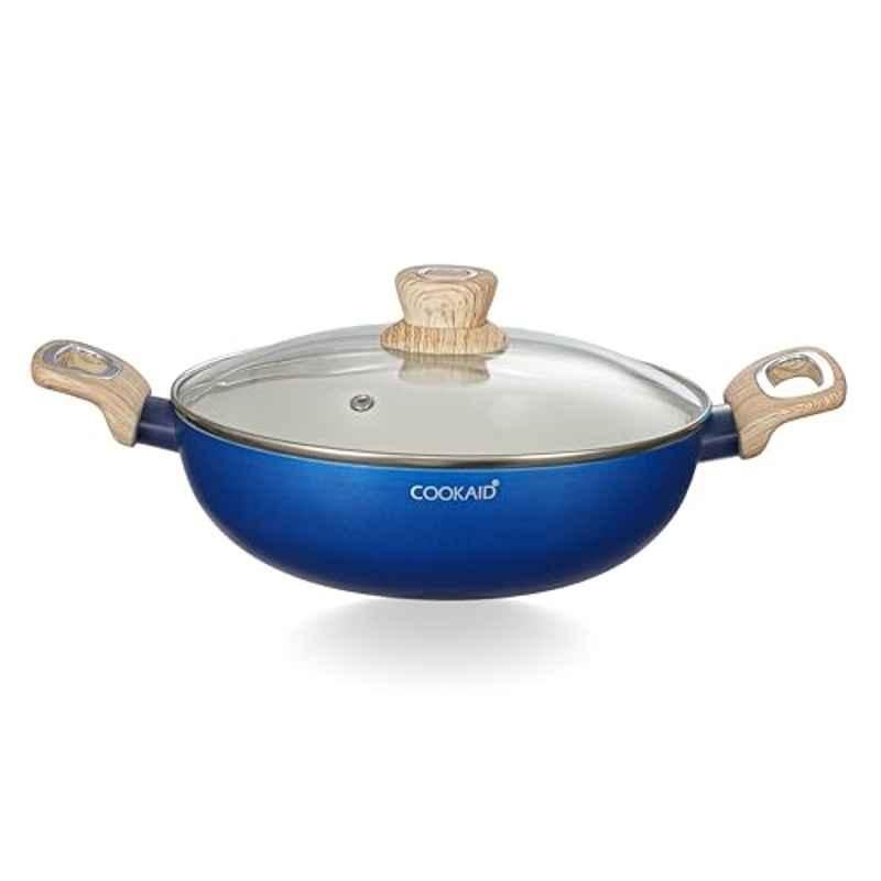Cookaid Velora 2 Litre Aluminium RV Blue Ceramic Coated Kadhai with Glass Lid, CKD-CC-K22-25