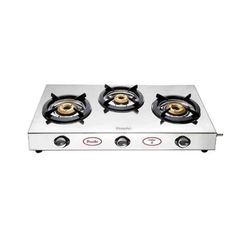 Preethi Ember Silver Stainless Steel with 3 Burners Gas Stove, SSGS003