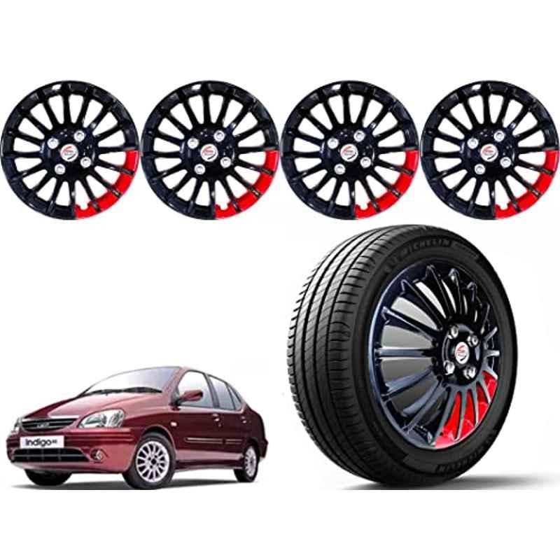 Auto Pearl 4 Pcs 14 inch Polypropylene Black & Red Press Type Car Wheel Cover Set with Retention Ring for Tata Indigo 2002