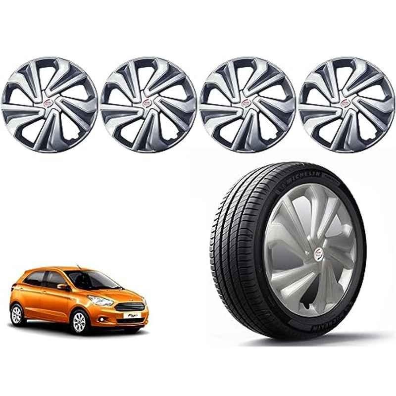 Auto Pearl 4 Pcs 14 inch Polypropylene Silver Press Type Car Wheel Cover Set with Retention Ring for Ford Figo Type 3 2015 Onwards, 14WC_Tiago_Silver_FigoType3_2015onw