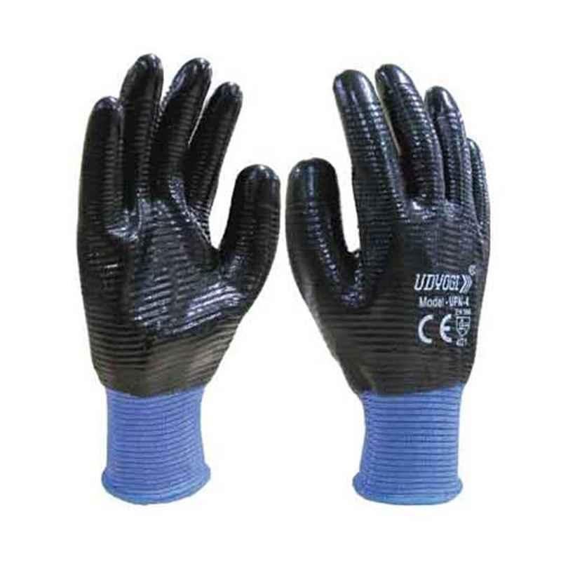 Udyogi UPN 4 Nylon & Lycra Liner Heavy Nitrile Coated Blue & Black Safety Gloves, Size: 8 inch