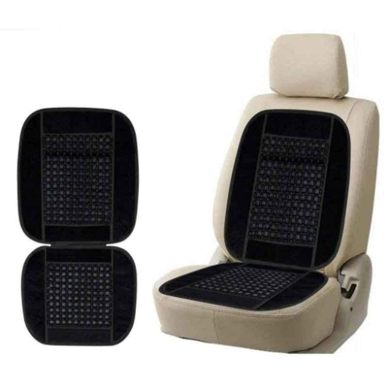 Auto Pearl PU & Wooden Beads Black Rectangular Car Seat Cushion with Velvet Border for Ford Ecosport 2017 (Pack of 2)