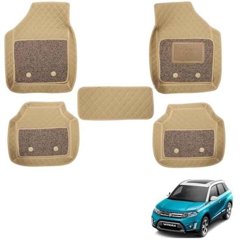 Kozdiko 5 Pcs Waterproof & Luxury 7D Beige Leatherette Car Floor Mats Set for Maruti Suzuki Brezza