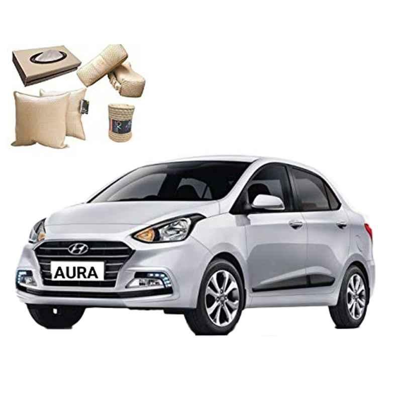 Kozdiko 2 Pcs Cushion Pillow, 2 Pcs Neck Rest, Tissue Box & Steering Beige Car Cover Combo for Hyundai Aura