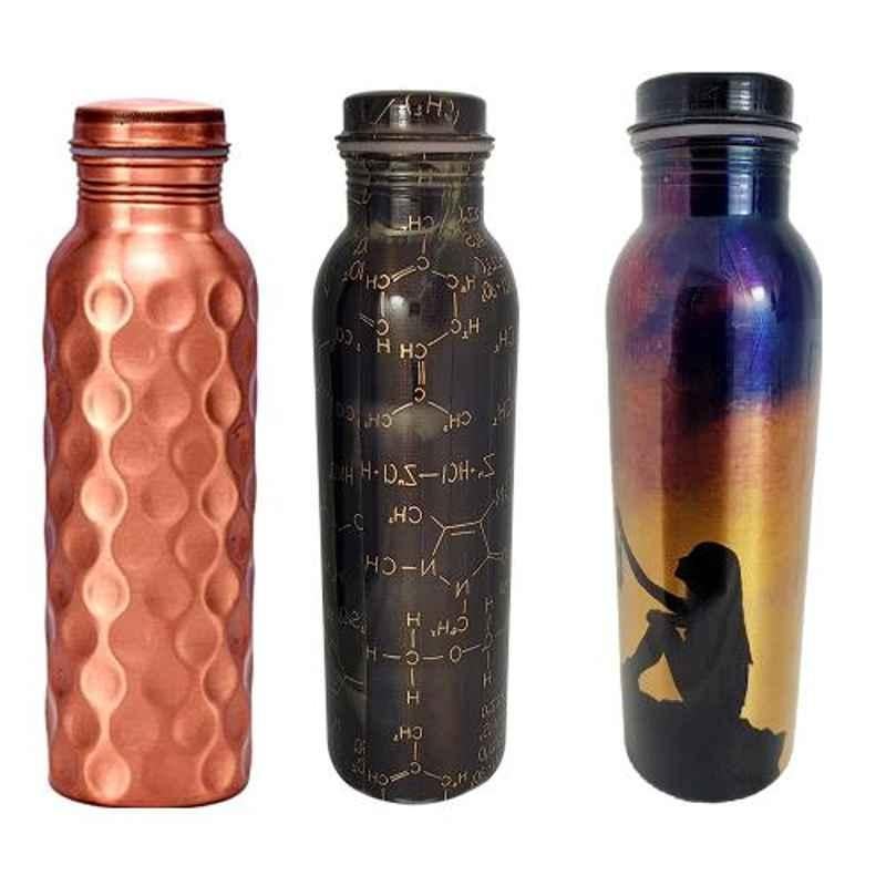 Healthchoice 1L Lonely, Chmistry & Diamond Copper Jointless Water Bottle (Pack of 3)
