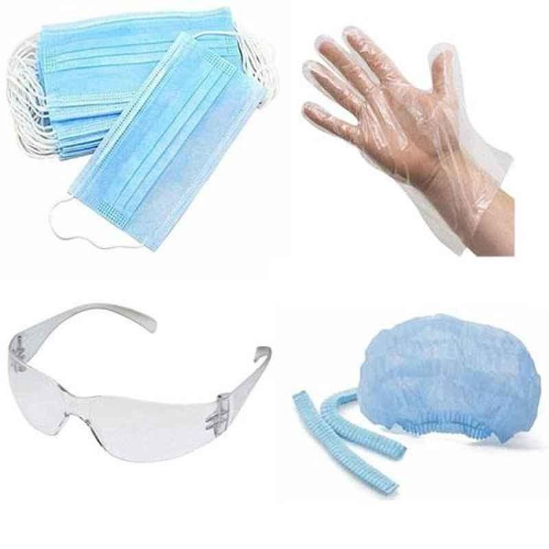 Siddhivinayak Light Blue Non-Woven Disposable Cap (Pack of 100), Poliy Plastic Gloves (Pack of 200), Sunlite Clear  Safety Goggles (Pack of 12) & Siddhivinayak 3 Ply Non-Woven & Melt Blown Blue Disposable Face Mask (Pack of 100)