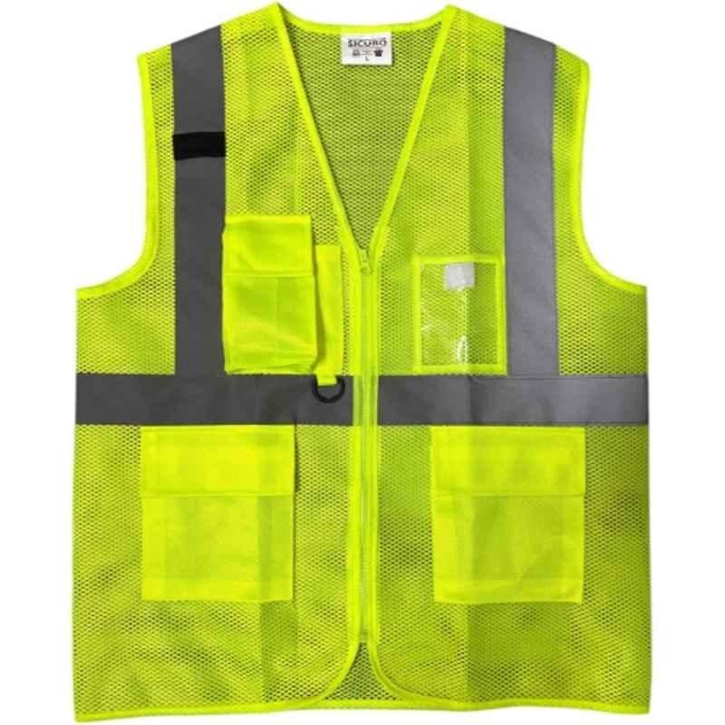 Sicuro ACE Polyester Neon Green Sleeveless V Neck Safety Jacket with Reflective Strip, Size: L