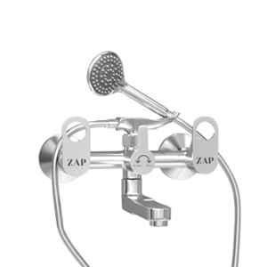ZAP Geo Brass Polished Finish Silver Wall Mounted 2 in 1 Wall Mixer with Crutch, Multi Flow Hand Shower & 1.5m Stainless Steel Hose Pipe