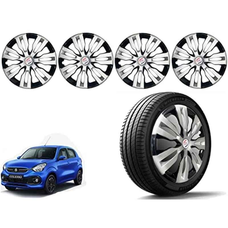 Auto Pearl 4 Pcs 14 inch Polypropylene Silver & Black Press Type Car Wheel Cover Set with Retention Ring for Maruti Suzuki Celerio 2021 Onwards, 14WC_Dzire2017_DC_Celerio2021onwards