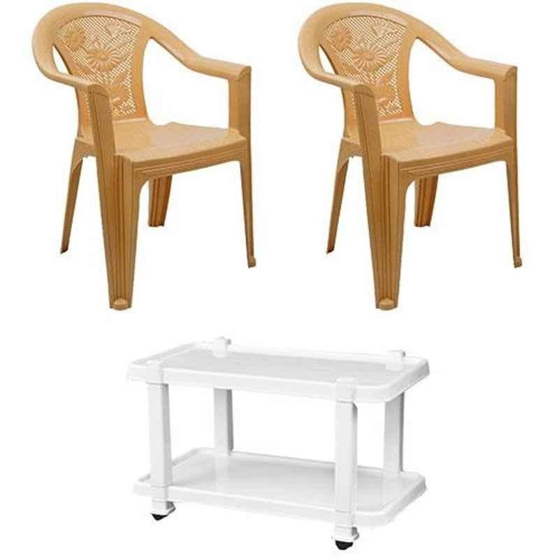 Italica 2 Pcs Polypropylene Marble Beige Comfort Arm Chair & White Table with Wheels Set, 9051-2/9509